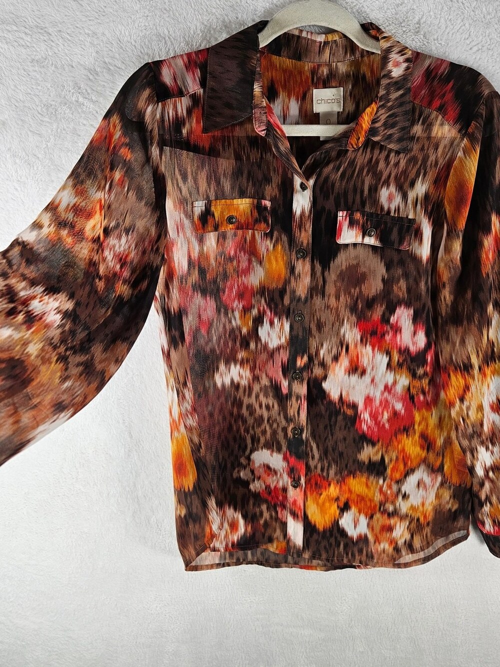Chico's Button-Down Blouse Sheer Abstract Ikat Print Women's Size 0 (Small)